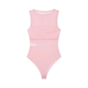 Detail of pink sleeveless mesh bodysuit featuring sheer panels and side label on white background