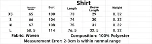 Tabella taglie dettagliata per camicia blu con coulisse, misure da XS a L in cm
