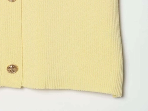 Close-up of cream yellow knit texture and elegant gold rose embossed button detail