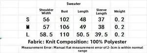 Size chart table for long sleeve knit sweater showing S M L measurements in centimeters