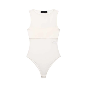 Detail view of white sleeveless bodysuit showing inner neckline label and side wash tag