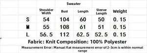 Size chart for metallic stripe knit sweater showing shoulder, bust, and sleeve dimensions