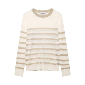 Women Casual Stripe Knit Sweater Loose Round Neck Long Sleeve Metallic Thread Pullover Warm Fashion Commuter Top