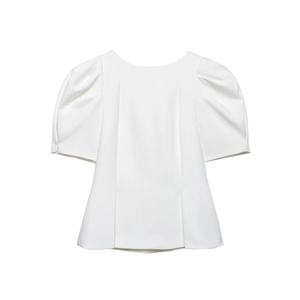 Modern white puff sleeve top for women with structured crew neck and voluminous silhouette