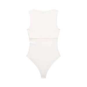 Close-up of beige sleeveless bodysuit showing mesh stitching and bottom snap buttons