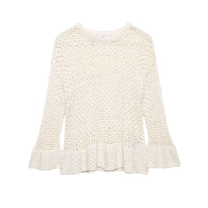 Chic cream hollow crochet knit sweater with elegant flare sleeves and round neck style