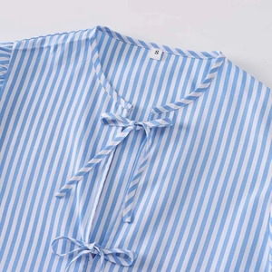 Women's blue white striped poplin shirt with V-neck and tie front detail in size S