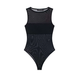 Sleeveless black mesh patchwork bodysuit for women featuring a minimalist round neck design