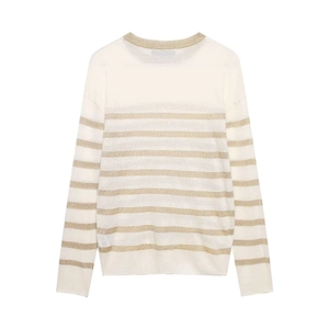 Women's cream crewneck knit sweater featuring metallic gold stripes and ribbed cuffs