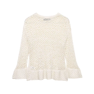 Women Vintage Hollow Out Crochet Knit Sweater Cream Round Neck Flare Sleeve Ruffle Hem Elegant Casual Pullover Top