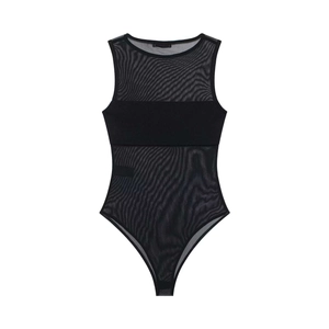 Detail of black mesh bodysuit featuring transparent panels and sleeveless round neck design