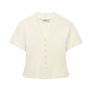 Gilet en Tricot à Manches Courtes pour Femmes Élégant Col en V Texture Gaufre Coupe Ajustée Haut d'Été en Polyester