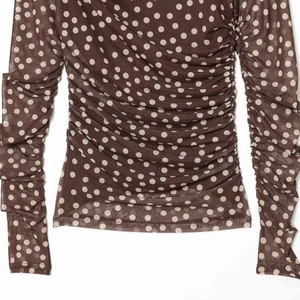 Brown sheer mesh long sleeve top with white polka dots and ruched detailing on white background