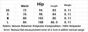 Size chart showing XS to L measurements for a 100% polyester woven summer floral skirt