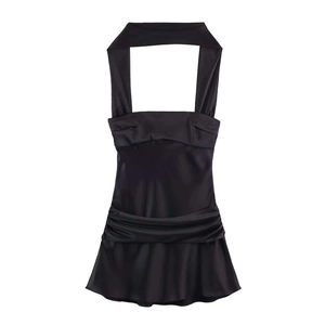 Vestito da Donna Sexy in Raso con Scollo all'Americana Increspato Senza Maniche Nero Aperto sulla Schiena Bodycon Party Estate Mini