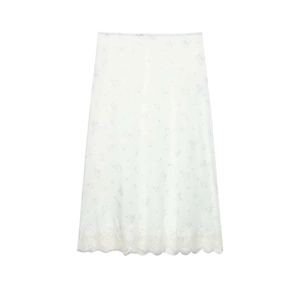Women Elegant Floral Print Long Skirt With Lace Hem Vintage Ivory White A-Line Straight Commuter Style Summer Bottoms