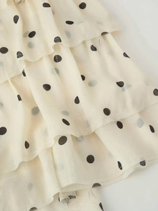Détail de l'ourlet à volants superposés sur robe à pois avec texture mousseline légère