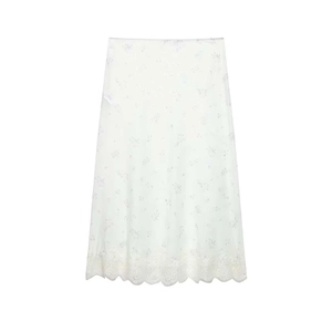 Elegant white nylon midi skirt featuring light floral prints and delicate lace hem detail
