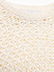 Detail of off-white crochet knit sweater showing openwork texture and ribbed neckline