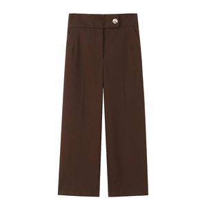 Women's high-waisted wide-leg trousers in dark brown with a silver button detail