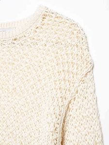 Detail showing cream-white crochet knit texture and ribbed neckline of the sweater