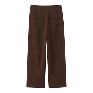 Rear view of brown high-waisted wide-leg trousers with welt pockets and sharp center crease