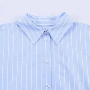 Classic light blue vertical striped shirt with white buttons and puff sleeves for women