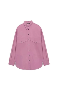Pink long sleeve shirt with asymmetric button neckline and dual flap chest pockets