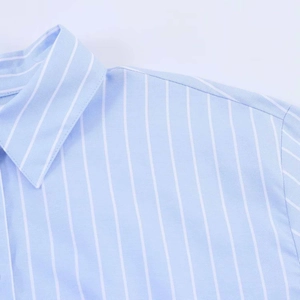 Close-up of the crisp collar and shoulder seams on a light blue striped puff sleeve shirt