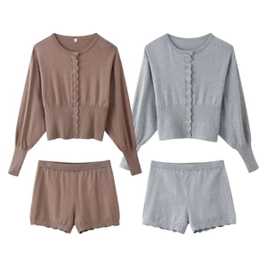 Women Casual Knitted Long Sleeve Cardigan And Shorts With Scalloped Edge Loose Comfortable Loungewear Outfit Soft Clothing
