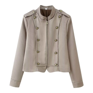 Veste à Col Montant Style Militaire Vintage pour Femmes Rayures Verticales Et Pantalon Ajusté Tenue de Mode Automne Navette