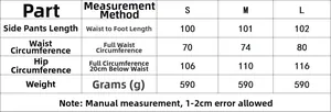 Detailed size guide table for loose straight leg casual trousers in S, M, L sizes