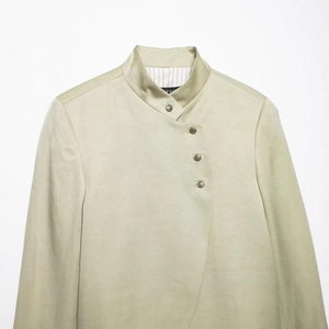 Classic light sage men's blazer with mandarin collar and ornate metal button closure