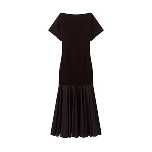 Women Summer Short Sleeve Boat Neck Knitted Midi Dress Spliced Pleated High Waist Elegant Party Bodycon Commuter Dress