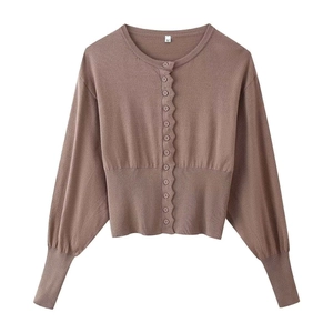 Women's summer knitted two-piece set in dusty brown with scallop edge cardigan and shorts