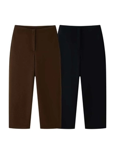 Detailed flat lay of high-waist wool blend trousers in coffee brown and black colors