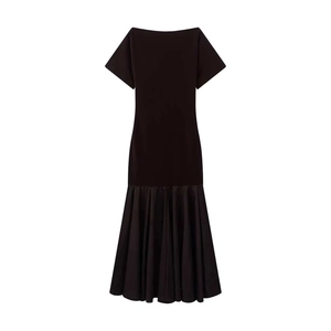 Sleek black boat neck short sleeve dress featuring a stylish fishtail hemline