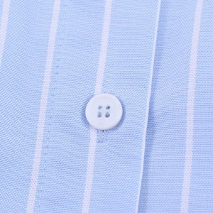 Classic blue and white vertical striped shirt with a white four-hole resin button detail