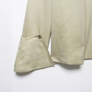 Retro light olive green blazer for women featuring unique asymmetric folded cuffs with gold buttons