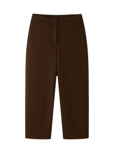 Detail of high-waist straight-leg trousers in coffee brown wool blend fabric