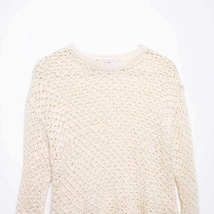 Chic off-white long sleeve crochet hollow out knit sweater with round neck design