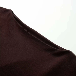 Deep brown short sleeve dress with minimalist boat neck design and premium stitching