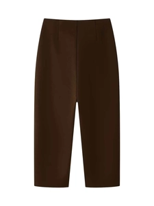 Detailed view of high-waisted dark brown straight-leg trousers in smooth fabric
