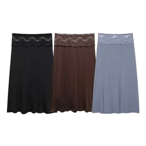 Women High Waist Lace Trim Midi Skirt Elegant Commuter Solid Color Polyester Straight Half Slip Skirt