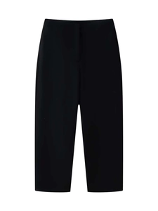 Flat lay of high-waisted wide-leg black trousers in a clean minimalist design