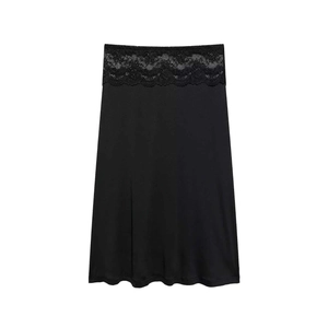 Women's minimalist black high waist slip skirt with elegant floral lace hem extension