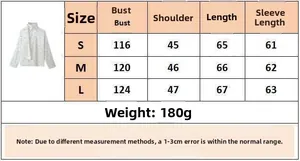 Detailed size chart for polka dot scarf shirt with bust, shoulder, and length measurements