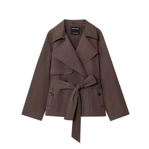 Short double-breasted trench coat in dark brown with belted waist and large lapels