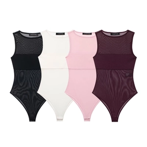 Women Sexy Mesh Patchwork Bodysuit Sleeveless Round Neck Slim Fit Top Sheer Jumpsuit For Summer Daily Party Clubwear