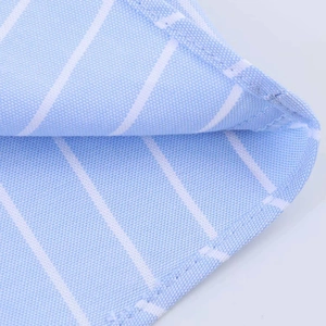 Detailed close-up of light blue striped cotton oxford fabric with neat stitching
